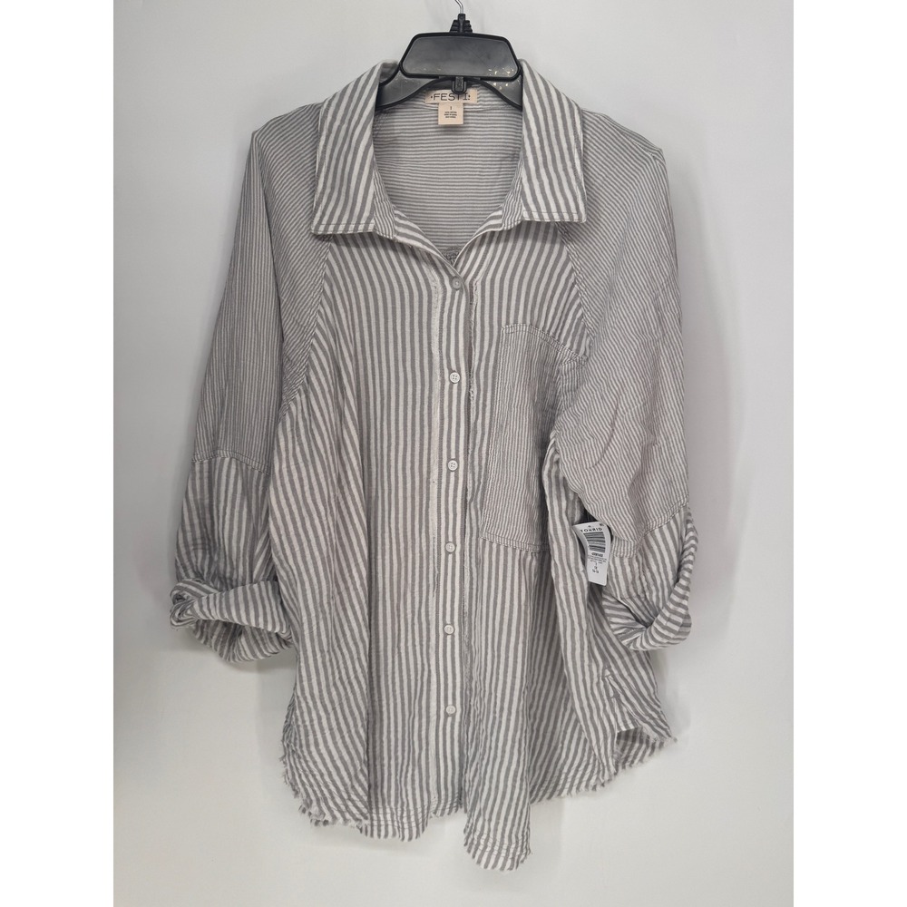 Torrid Tunic Women 1X Gray NWT Festi Mixed Stripe Relaxed Cotton Button Up